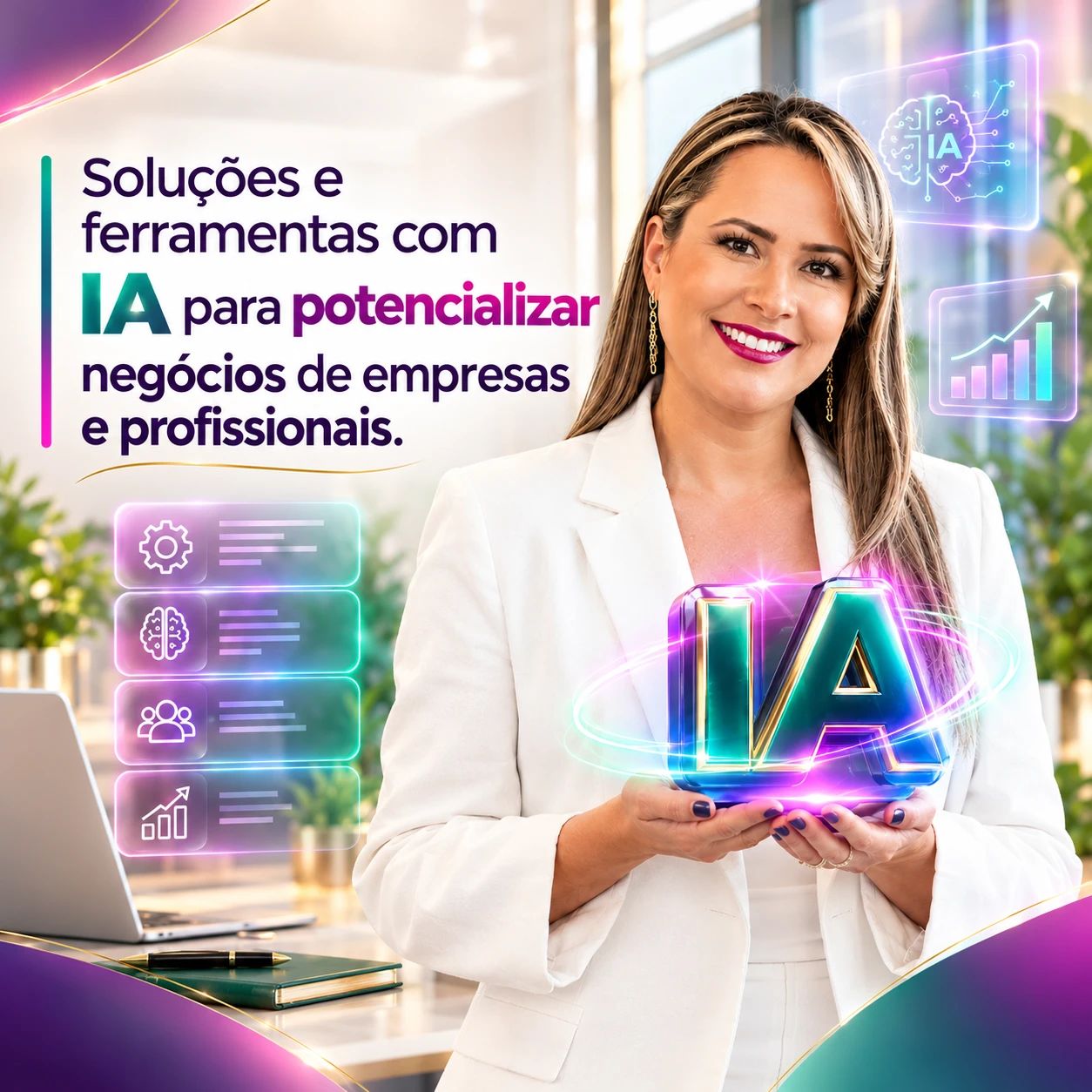 Thayane Fidelis segurando um cubo com as letras IA — Soluções e ferramentas com IA para potencializar negócios de empresas e profissionais